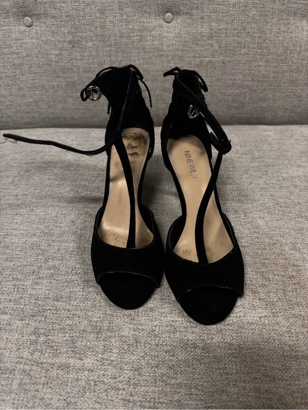 Nine West Black Suede T-Strap Ankle Tie Heels